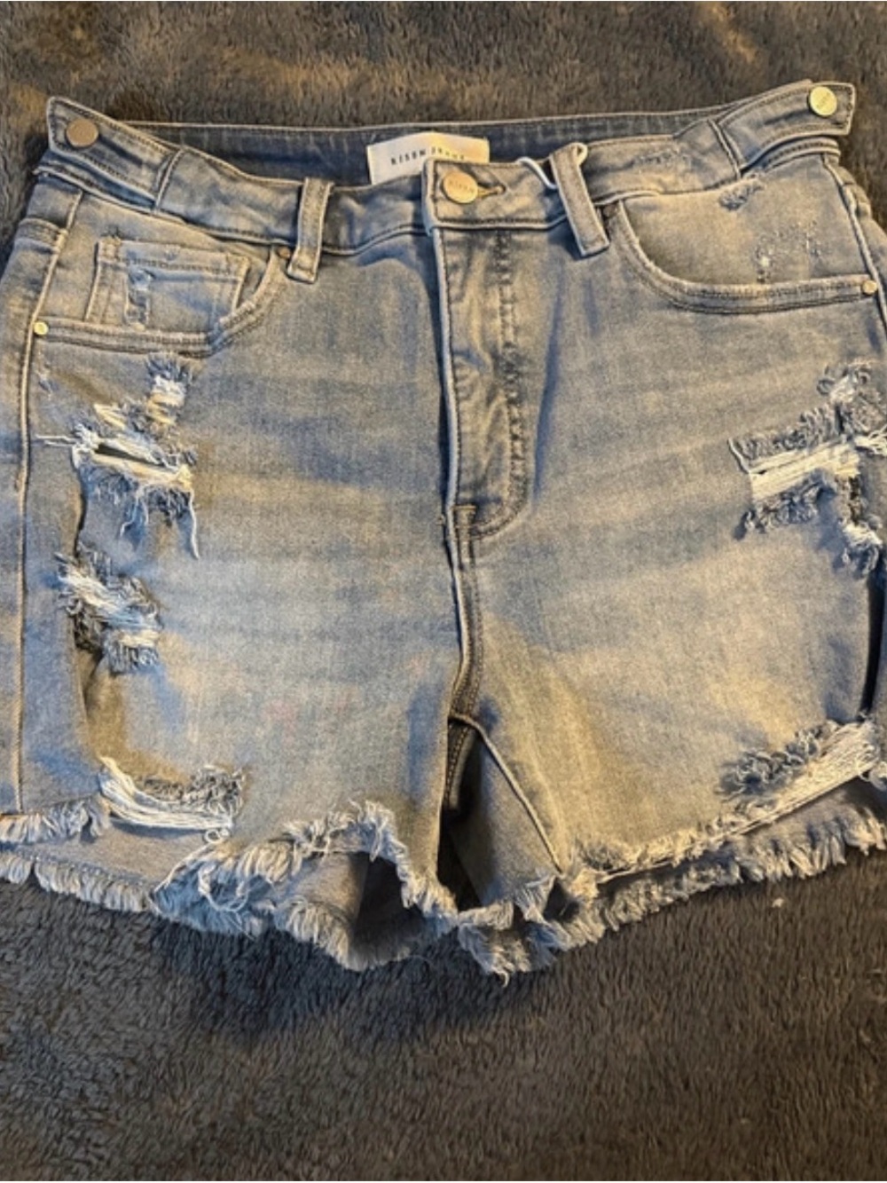 Risen Light Blue Distressed Denim Jean Shorts with Frayed Hem and Tummy Control